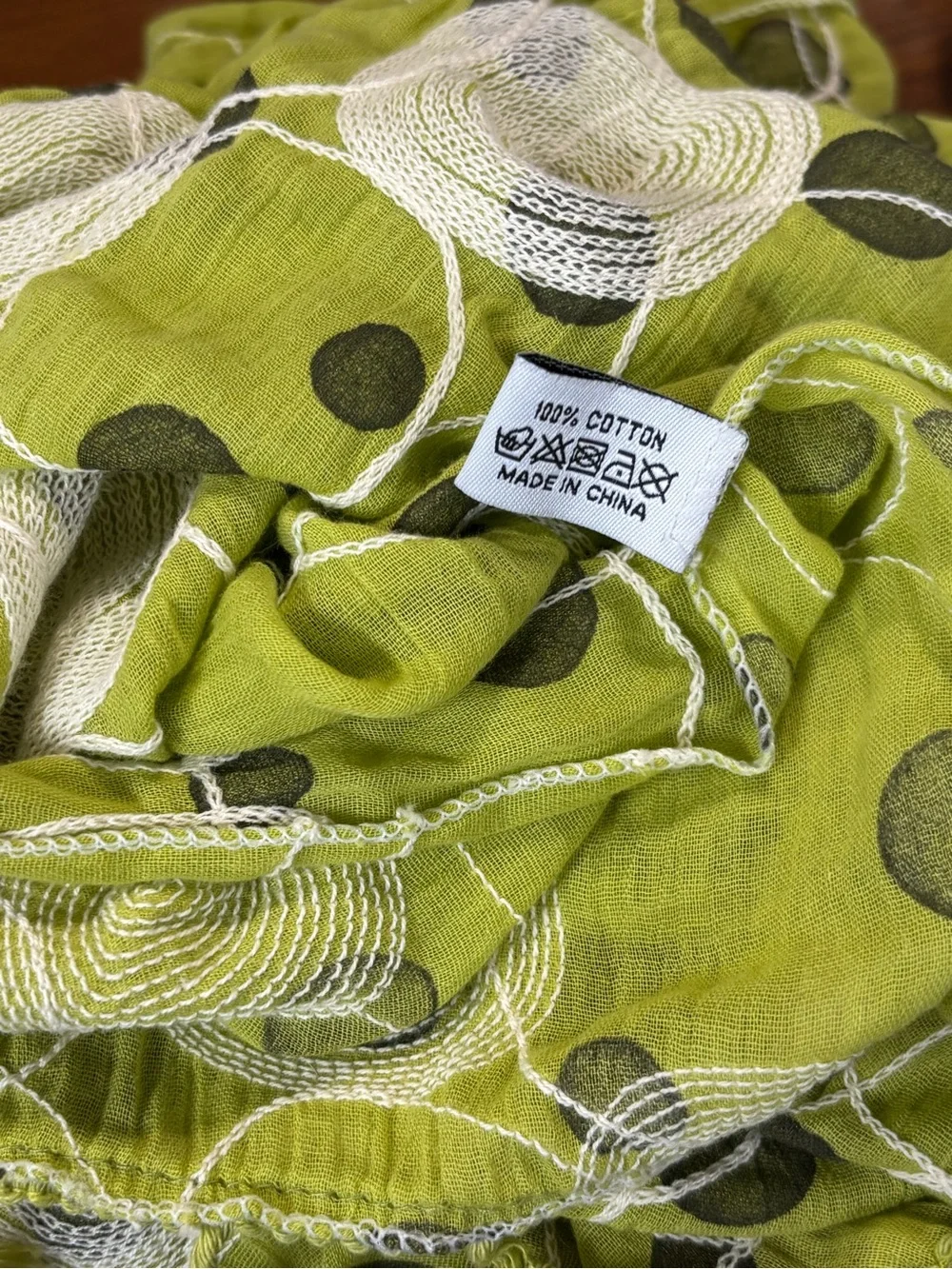Tickled Pink 100% cotton Lime Green Polka Dot Scarf/ White Embroidery & Tassels